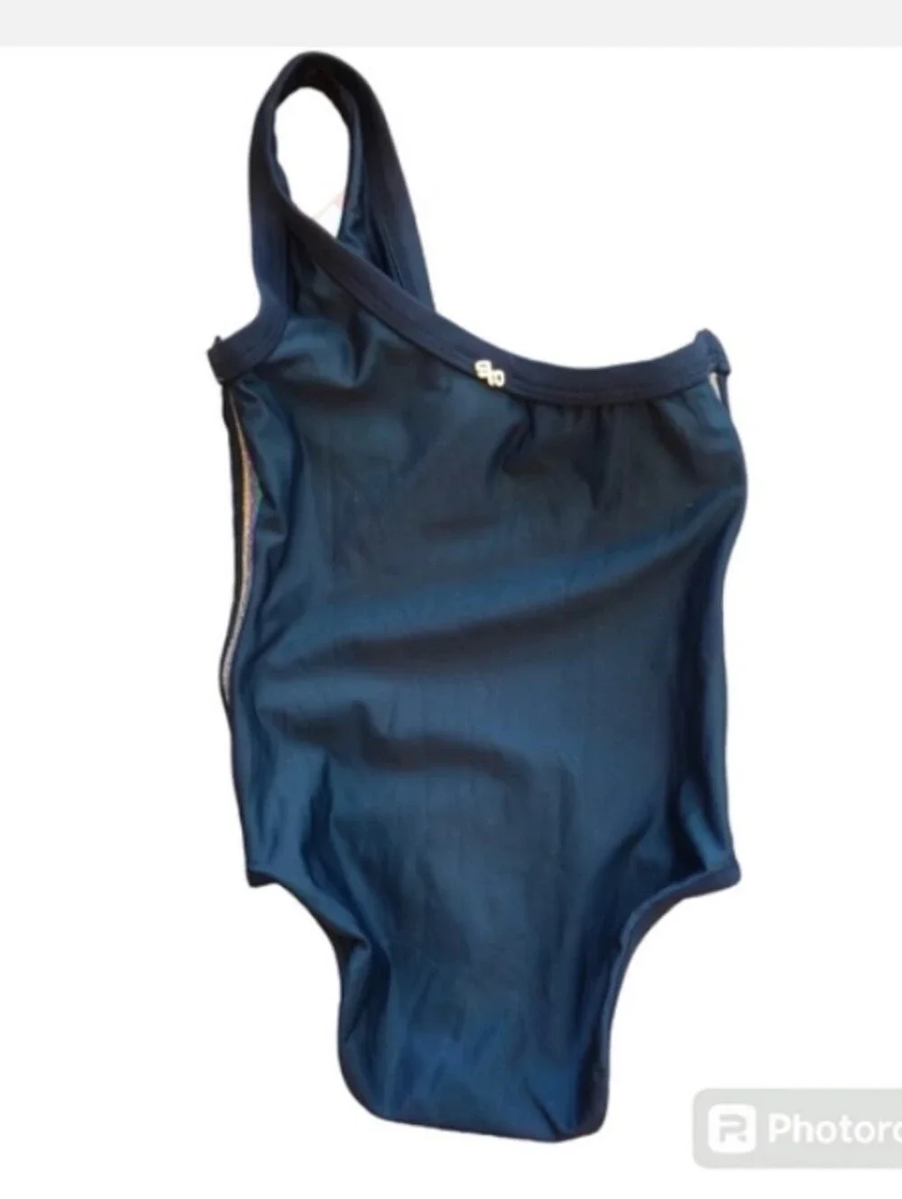 PilyQ Black w/ Rainbow Metallic Stripe One Shoulder One-Piece Girl's Size 6